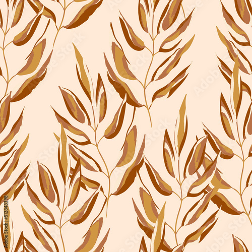 Beige and white seamless pattern with sprigs. Vector stock illustration for fabric, textile, wallpaper, posters, paper. Fashion print. Branch with monstera leaves. Doodle style