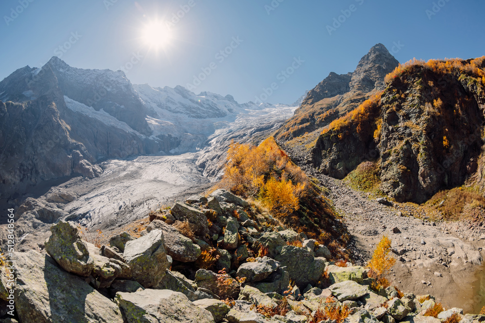 Obraz premium Mountains with autumnal trees and glacier. Peak of mountain and glacier
