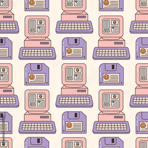 Seamless vector pattern with cute 80s, 90s electronic devices. Background with vintage computer and floppy disk. Funky oldschool graphic texture