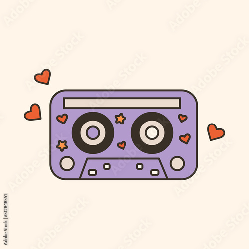 Cute audio cassette with stars and hearts. 80s, 90s vibes funky sticker. Retro music equipment vector illustration. Vintage nostalgia element for card, poster design and print