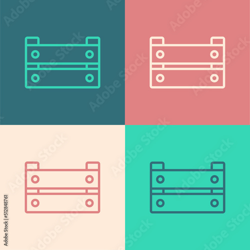 Pop art line Wooden box icon isolated on color background. Grocery basket, storehouse crate. Empty wooden container for vegetables, products. Vector