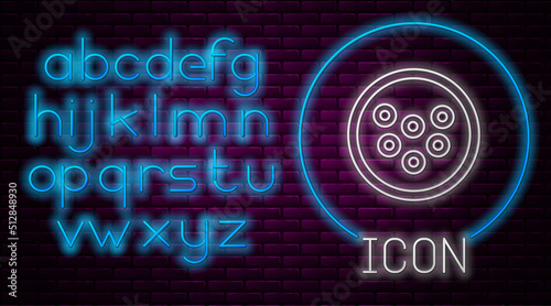 Glowing neon line Caviar on a plate icon isolated on brick wall background. Neon light alphabet. Vector.