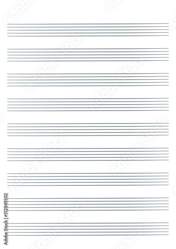 Graph paper. Printable grid paper with stave on a white background. A blank music sheet paper with staff. Geometric pattern for composition, education, school. Realistic lined paper blank size A4