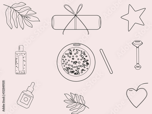 Facial care items, vector. Set for hygiene procedures. The cream in the bottle lies next to the facial massager. Face towel and soap in the shape of a heart.