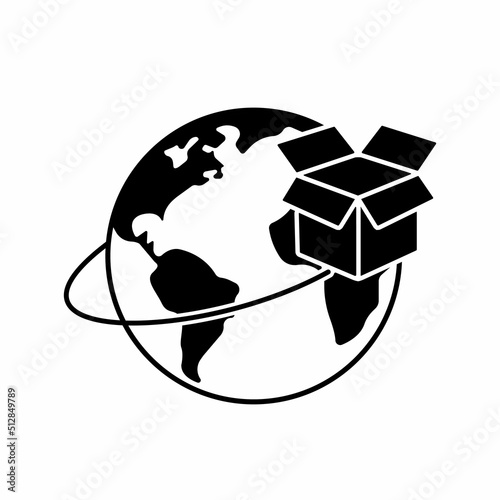 Worldwide parcel delivery vector black icon EPS10. Planet with a flying box. Flat for app, graphic, web, ui, ux, gui. Flat isolated logo or symbol on white background. Shopping around the world.