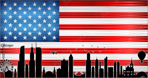 Chicago city skyline with flag of USA on background - illustration, 
Shiny Grunge flag of the USA