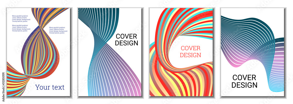 A set of 4 abstract covers. Wavy parallel gradient lines, ribbons evolve. Cover design, background. Trendy banner, poster. A set of 4 abstract covers. Wavy parallel gradient lines, ribbons evolve. Cover design, background. Trendy banner, poster.