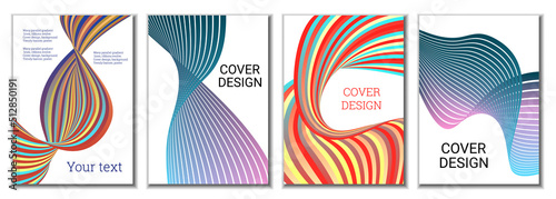 A set of 4 abstract covers. Wavy parallel gradient lines, ribbons evolve. Cover design, background. Trendy banner, poster.