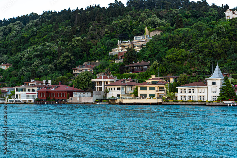 Houses and small hotels on the shore of the Bosphorus Strait High-quality close-up photo