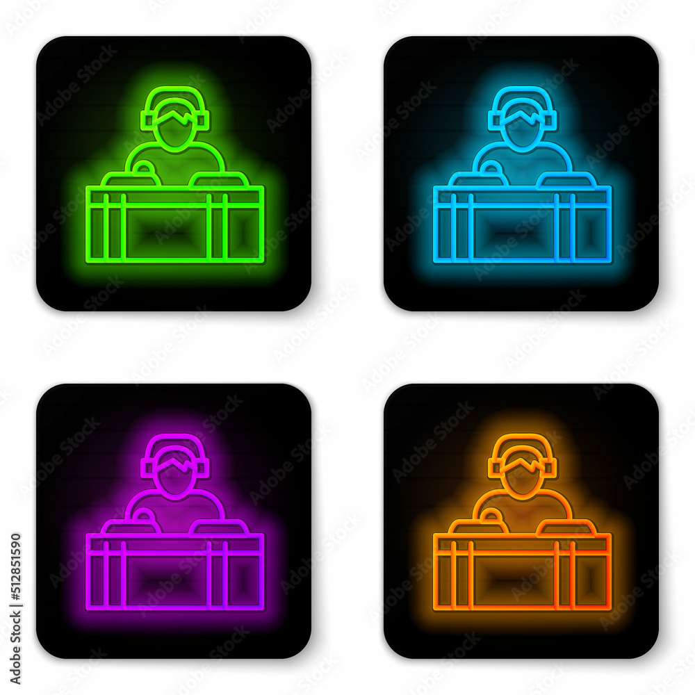 Glowing neon line DJ wearing headphones in front of record decks icon isolated on white background. DJ playing music. Black square button. Vector Glowing neon line DJ wearing headphones in front of record decks icon isolated on white background. DJ playing music. Black square button. Vector