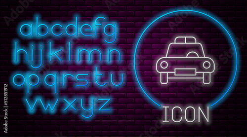 Glowing neon line Police car and police flasher icon isolated on brick wall background. Emergency flashing siren. Neon light alphabet. Vector