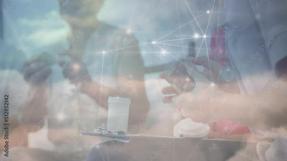 Animation of connections over caucasian senior patient and doctor