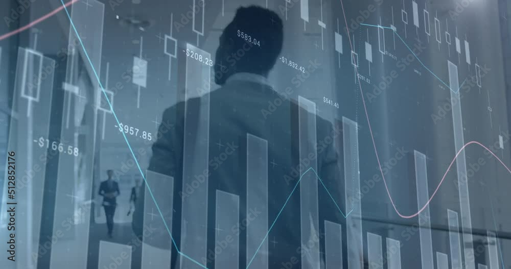 Animation of financial graphs over back view of african american businessman walking in office Animation of financial graphs over back view of african american businessman walking in office