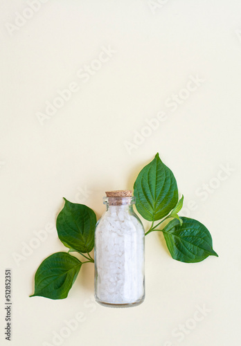 A bottle of sea salt for the bath and a few green leaves. Top view.