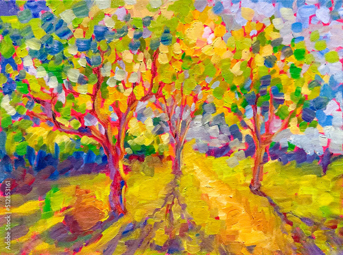 Sunny forest wood trees Original oil painting © Valenty