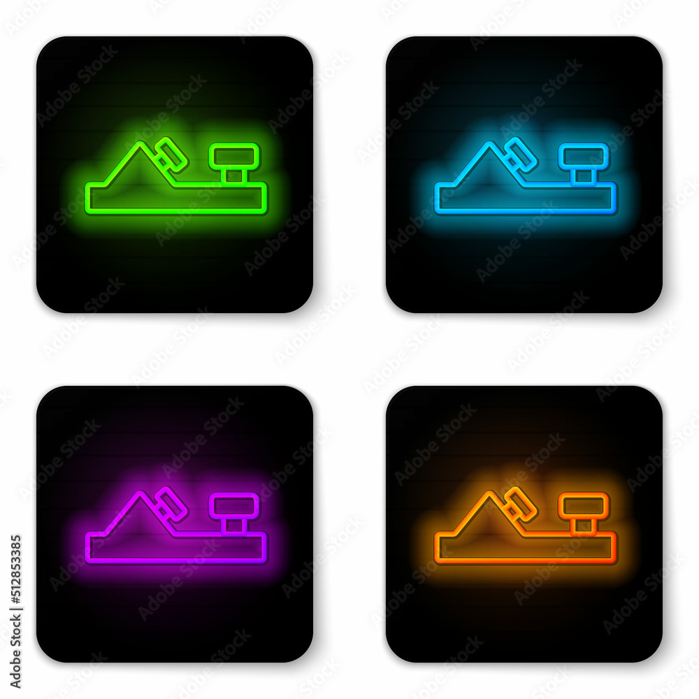 Glowing neon line Wood plane tool for woodworker hand crafted icon isolated on white background. Jointer plane. Black square button. Vector Glowing neon line Wood plane tool for woodworker hand crafted icon isolated on white background. Jointer plane. Black square button. Vector