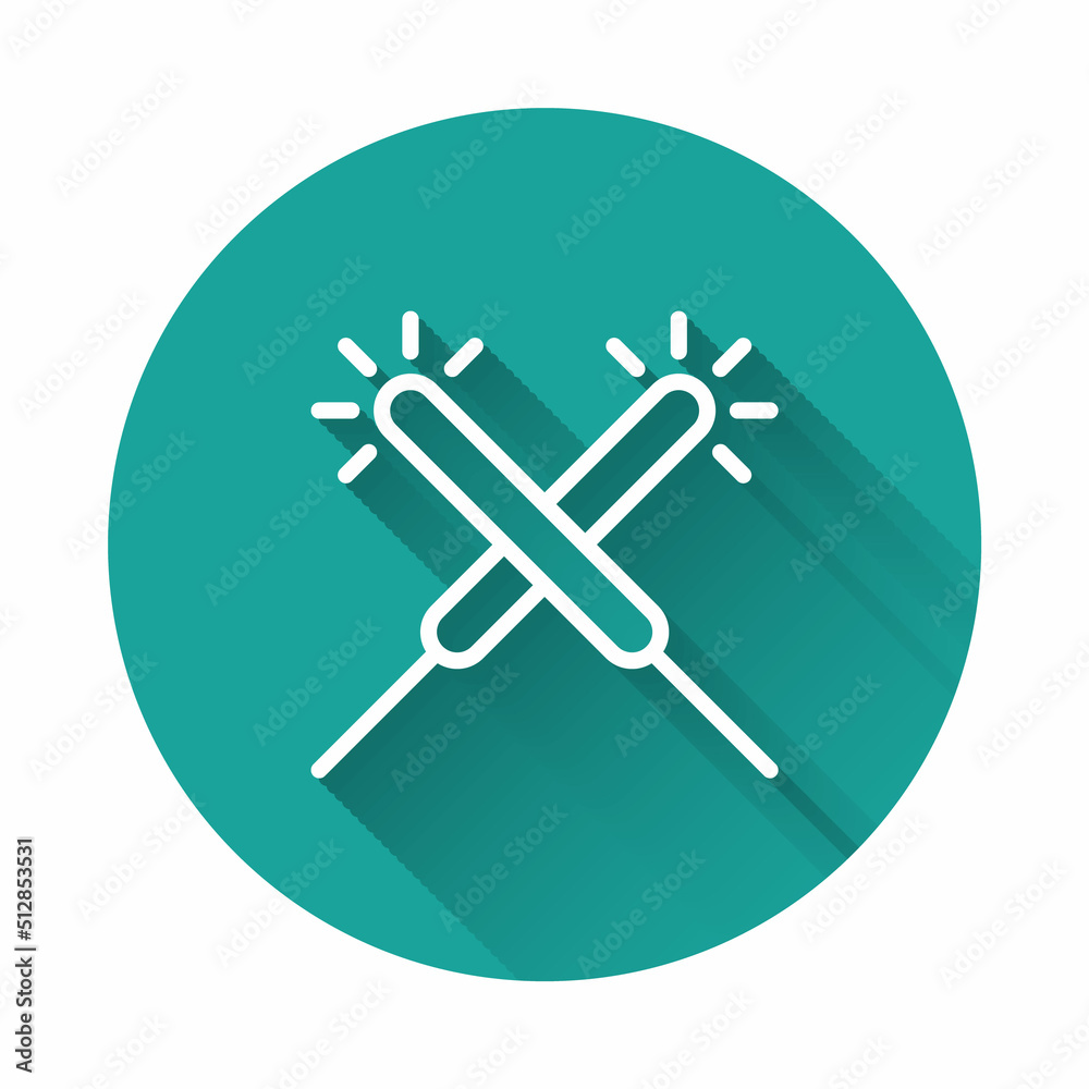 White line Sparkler firework icon isolated with long shadow background. Festive Christmas sparkler candle lights. Merry Christmas and Happy New Year. Green circle button. Vector White line Sparkler firework icon isolated with long shadow background. Festive Christmas sparkler candle lights. Merry Christmas and Happy New Year. Green circle button. Vector