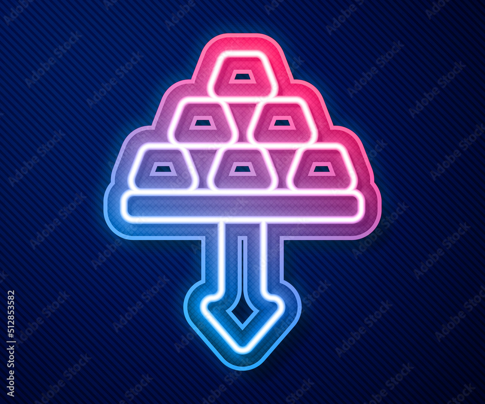 Glowing neon line Gold bars icon isolated on blue background. Falling of precious metals. Banking business concept. Vector Glowing neon line Gold bars icon isolated on blue background. Falling of precious metals. Banking business concept. Vector
