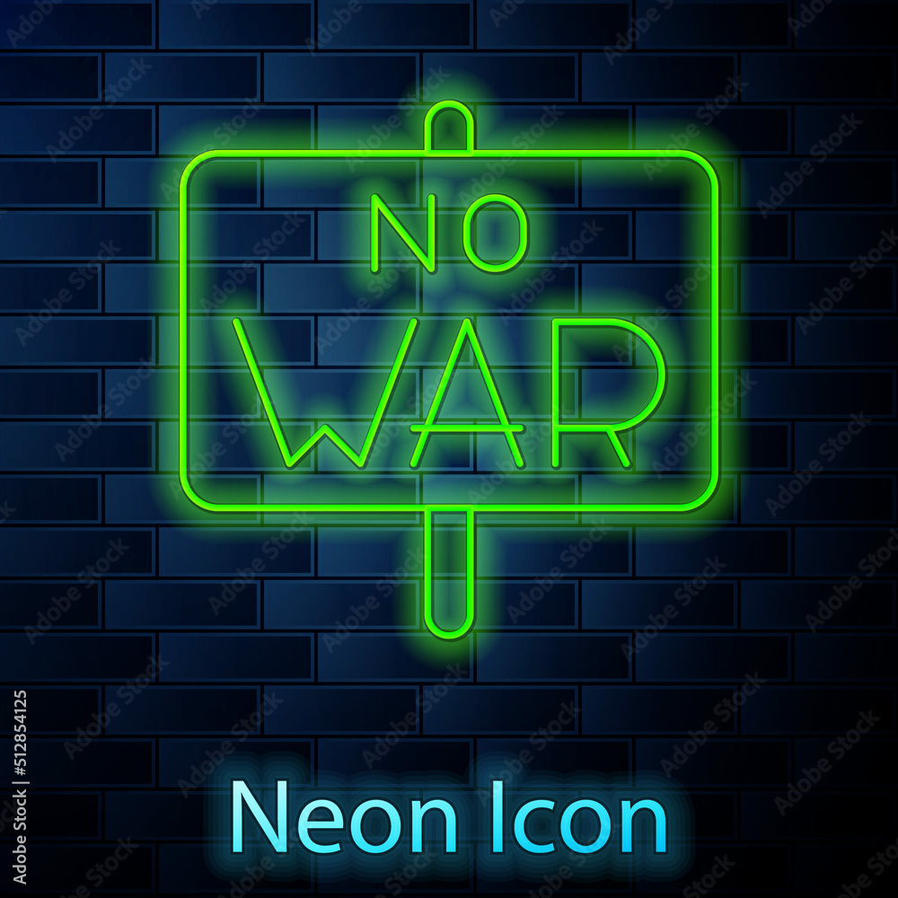 Glowing neon line No war icon isolated on brick wall background. The peace symbol. Vector