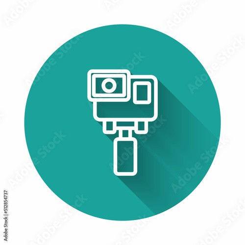 White line Action extreme camera icon isolated with long shadow background. Video camera equipment for filming extreme sports. Green circle button. Vector