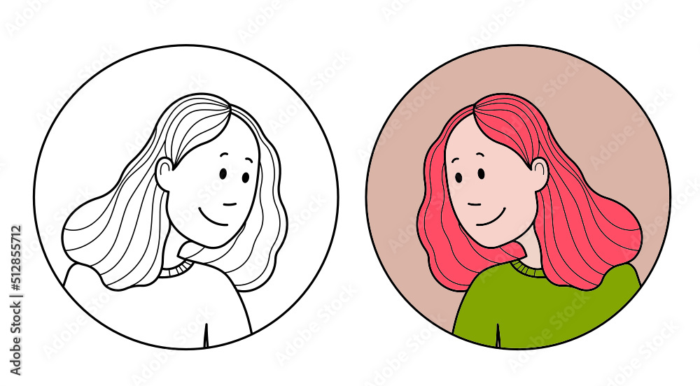 Portrait of a girl in a circle. Vector illustration with an outline in black and white linear and color versions. Portrait of a girl in a circle. Vector illustration with an outline in black and white linear and color versions.