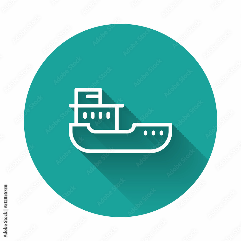 White line Cargo ship icon isolated with long shadow background. Green circle button. Vector White line Cargo ship icon isolated with long shadow background. Green circle button. Vector