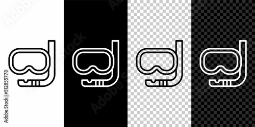 Set line Diving mask and snorkel icon isolated on black and white, transparent background. Extreme sport. Diving underwater equipment. Vector