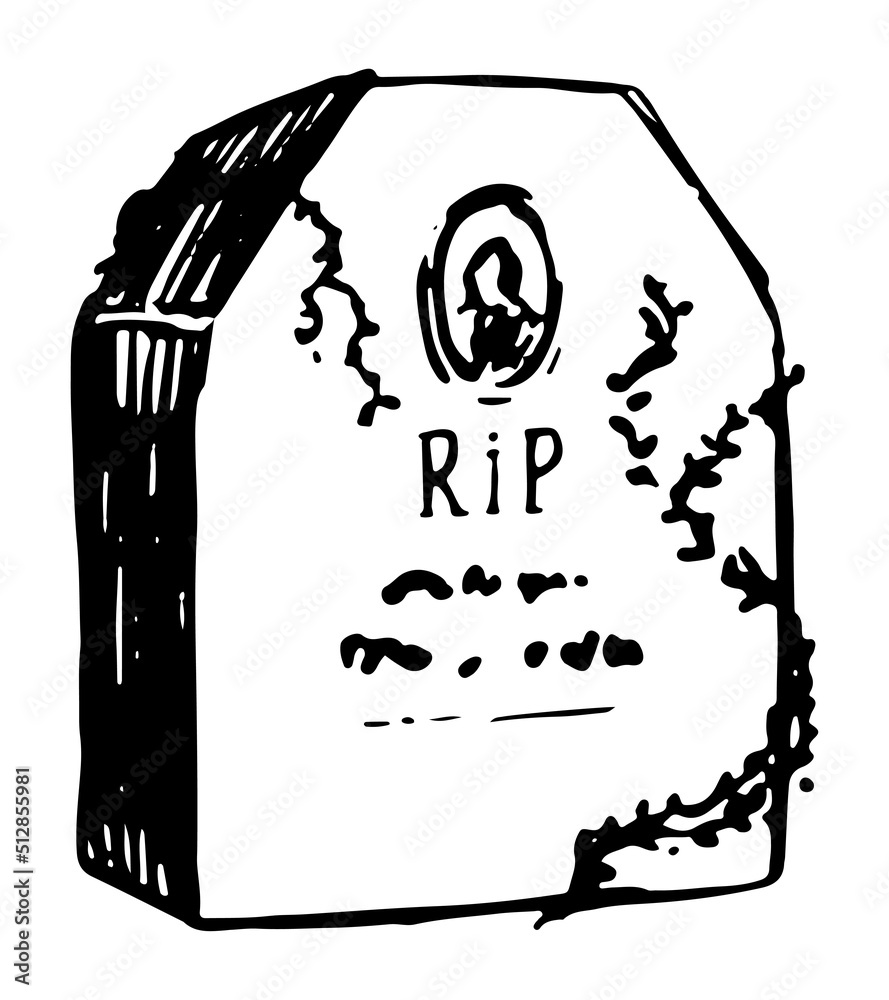 Tombstone old grave, spooky item doodle. Halloween hand drawn vector illustration in retro style. Ink sketch isolated on white.