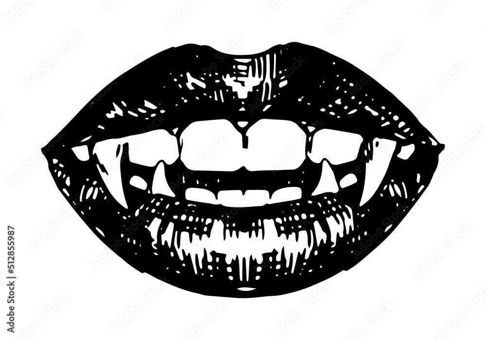 Vampire mouth, open lips, long teeth. Beautiful female lips and sharp
