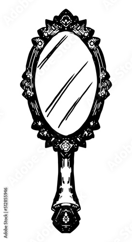 Antique mirror with handle doodle. Occult witch magic tool. Halloween hand drawn vector illustration in retro style. Ink sketch isolated on white.