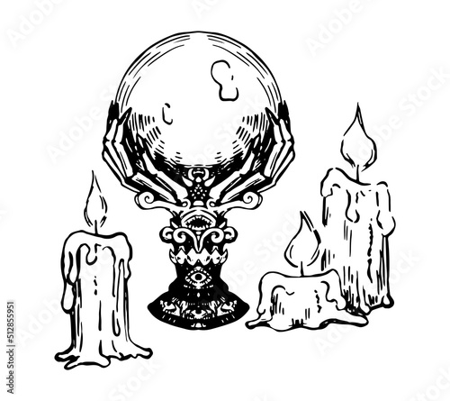 Antique magic crystal ball and candles. Occult, fortune telling, witchcraft, esoteric items sketch. Halloween hand drawn vector illustration in retro style isolated on white.