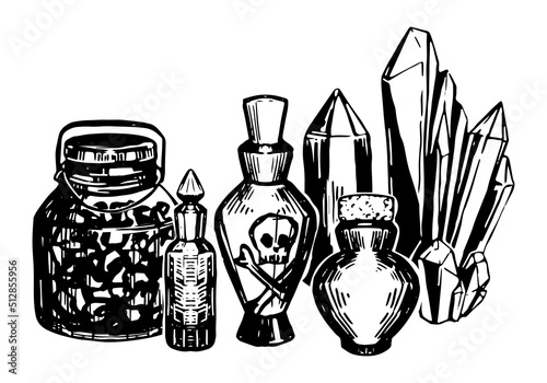 Potions and poisons, crystals, occult items, witchcraft outline picture. Halloween hand drawn vector illustration in retro style. Ink sketch isolated on white.