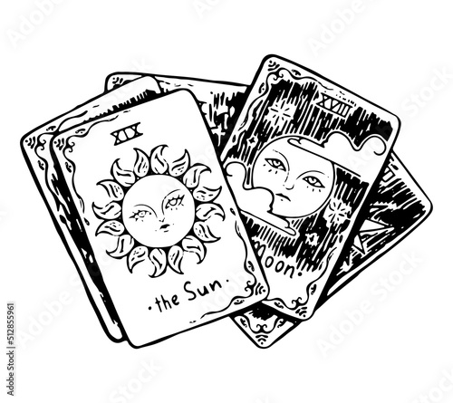 Tarot cards doodle. Occult, fortune telling, witchcraft, divination, magic item. Halloween hand drawn vector illustration in retro style. Ink sketch isolated on white.
