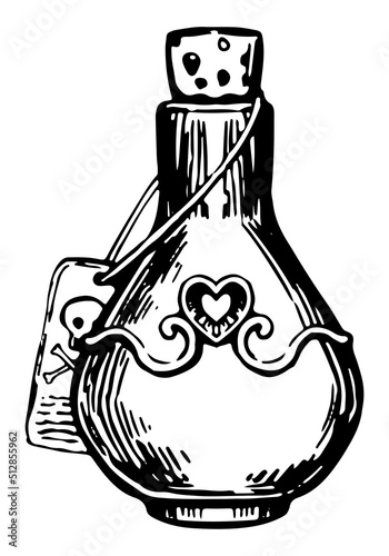 Love potion, magic spell heart elixir. Halloween hand drawn vector illustration in retro style. Spooky ink sketch isolated on white.
