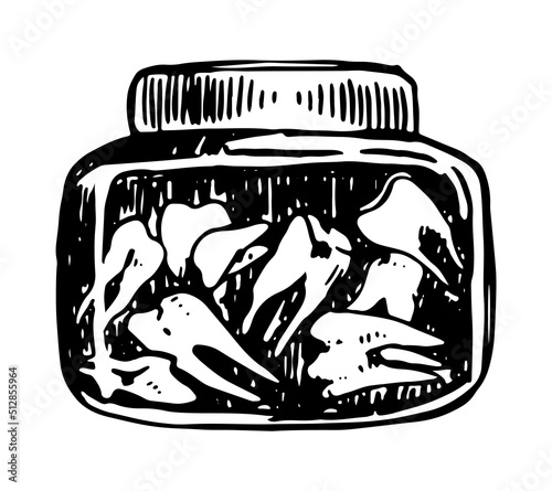 Teeth in jar, spooky occult items doodle. Halloween hand drawn vector illustration in retro style. Dark theme ink sketch isolated on white.
