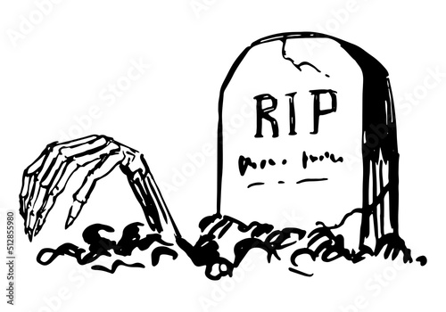 Zombie hand emerging from the grave, spooky monster doodle. Halloween hand drawn vector illustration in retro style. Ink sketch isolated on white.
