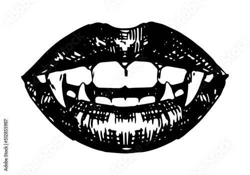 Vampire mouth, open lips, long teeth. Beautiful female lips and sharp fangs. Halloween hand drawn vector illustration in retro style. Dark theme ink sketch isolated on white.
