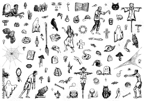 Halloween collection. Zombies, witchcraft, spooky animals, ghosts, occult items. Hand drawn vector illustration in retro style. Scary sketches bundle isolated on white.