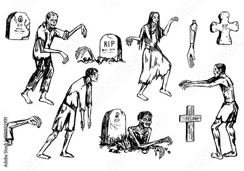 Zombies and tombstones set, walking dead people, crawling out of graves. Halloween hand drawn vector illustration in retro style. Scary monsters sketches collection isolated on white.