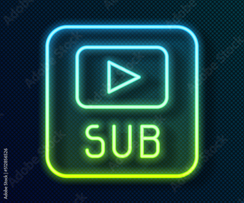 Glowing neon line Video with subtitles icon isolated on black background. Vector