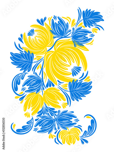 Ukrainian ornament with flowers in round. Folk Ukrainian embroidery. Ukrainian flag colors floral ornament. Vector floral embroidery illustration