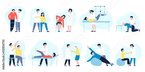 Physiotherapy. Rehabilitation work, recovery knee after injury. Medical nurse and patient, doctors with elders and disabled persons. Healthcare recent vector set © LadadikArt
