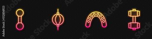 Set line Mouth guard boxer, Dumbbell, Punching bag and . Glowing neon icon. Vector