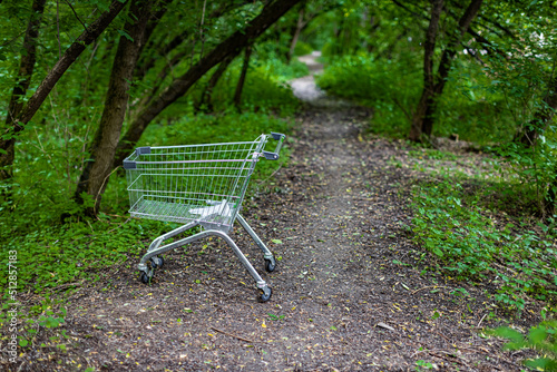 empty grocery cart stands in the park © Oleg Opryshko