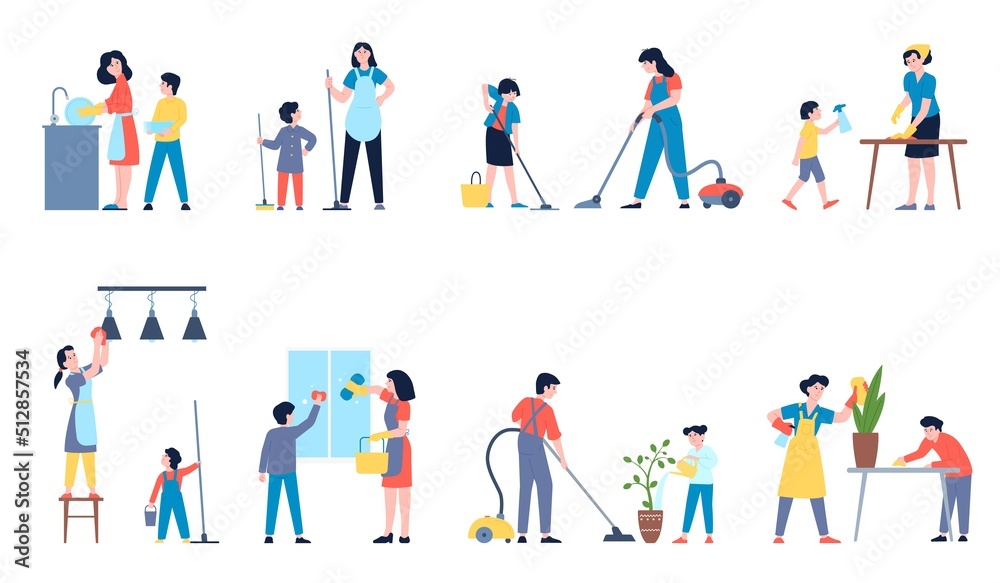 Kids parents cleaning. Help house to mom, happy family clean home. Teenage and children helping mother and father houseworking, laundry recent vector scene