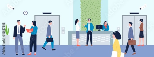 Face recognition concept. Office hall with control, future automated identify people system. Accessibility smart technologies for safety, security camera recent vector scene