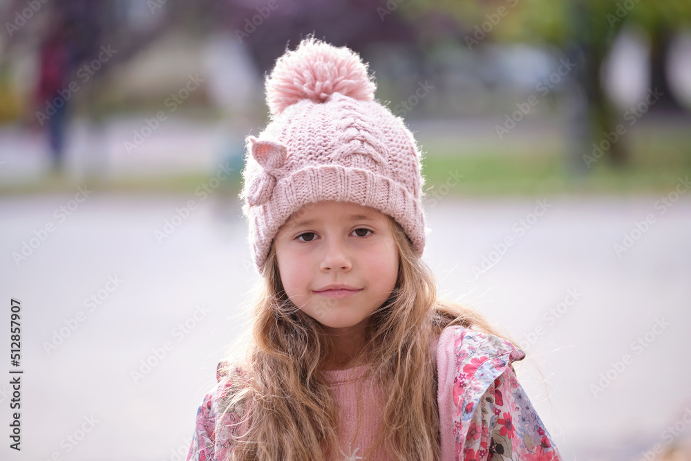 Portrait of cute little child girl in pink hat Portrait of cute little child girl in pink hat