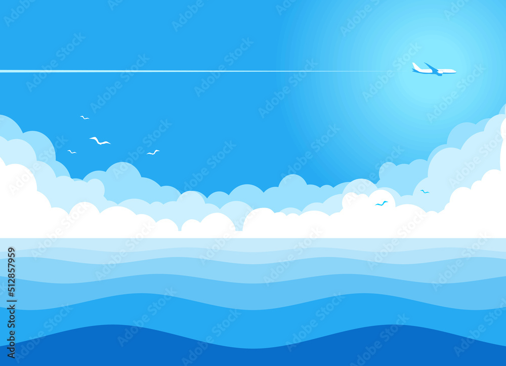Airplane flying in blue sky with clouds over blue sea. White plane over ...