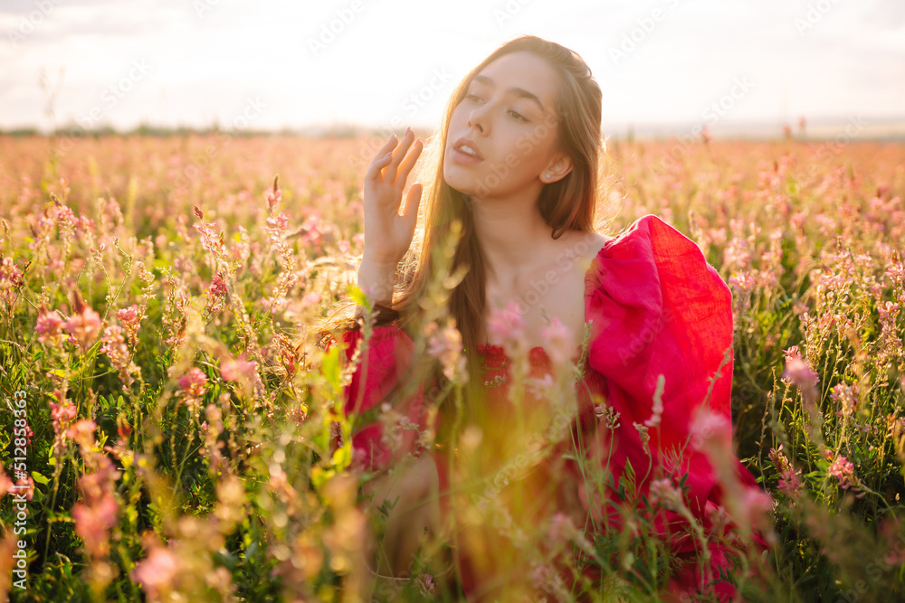 Young woman in pink dress in the blooming field. Summer landscape. Fashion, style concept. Young woman in pink dress in the blooming field. Summer landscape. Fashion, style concept.