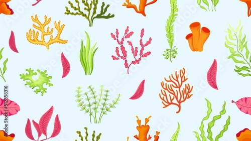 Seaweed cartoon texture. Ocean plants background, algae seamless pattern vector design for fabric print, cards, wrapping paper, wallpaper